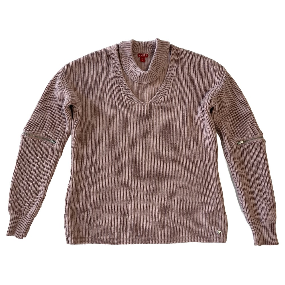 GUESS Sweater Womens S Mauve Mock Neck Cutout Zipper Sleeve Ribbed Knit Pullover
